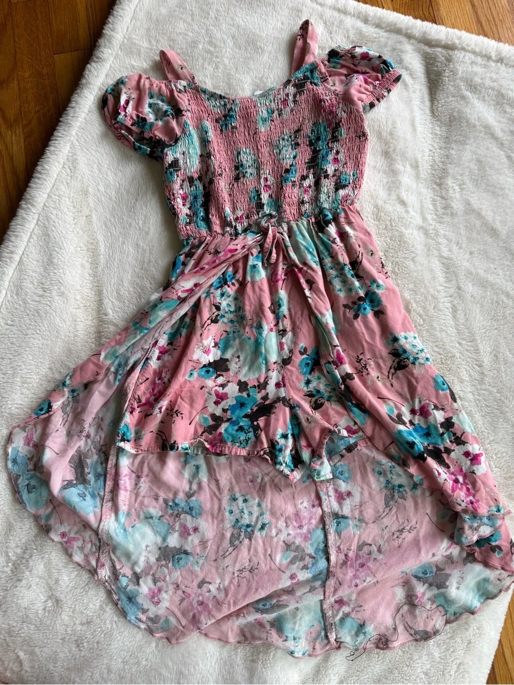 Justice Pink Floral Smocked Top With Aqua Accents